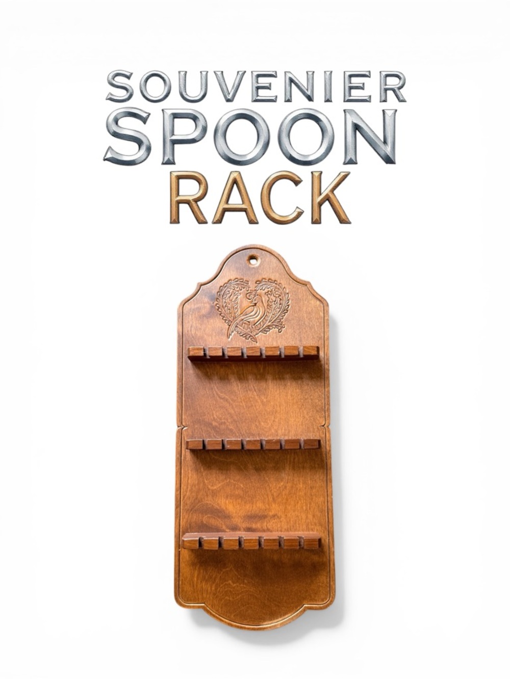 Vintage Wooden Wall Souvenir Spoon Rack with Pressed Bird Design Holds 18 Spoons